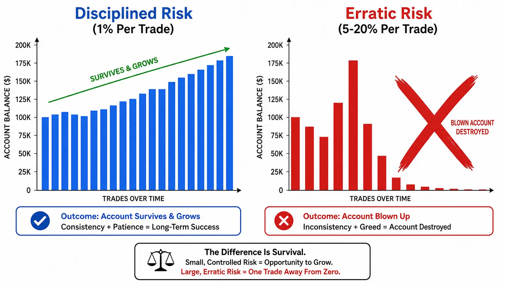A comparison diagram showing two account balances. One with disciplined 1% risk per trade grows steadily, while the other with erratic high risk per trade is quickly wiped out.