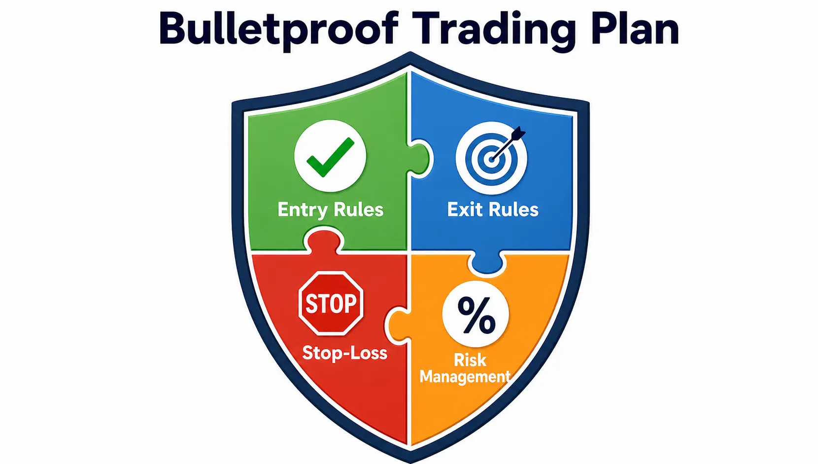 A conceptual illustration of a shield representing a bulletproof trading plan, composed of interlocking parts like entry rules, exit rules, and risk management.