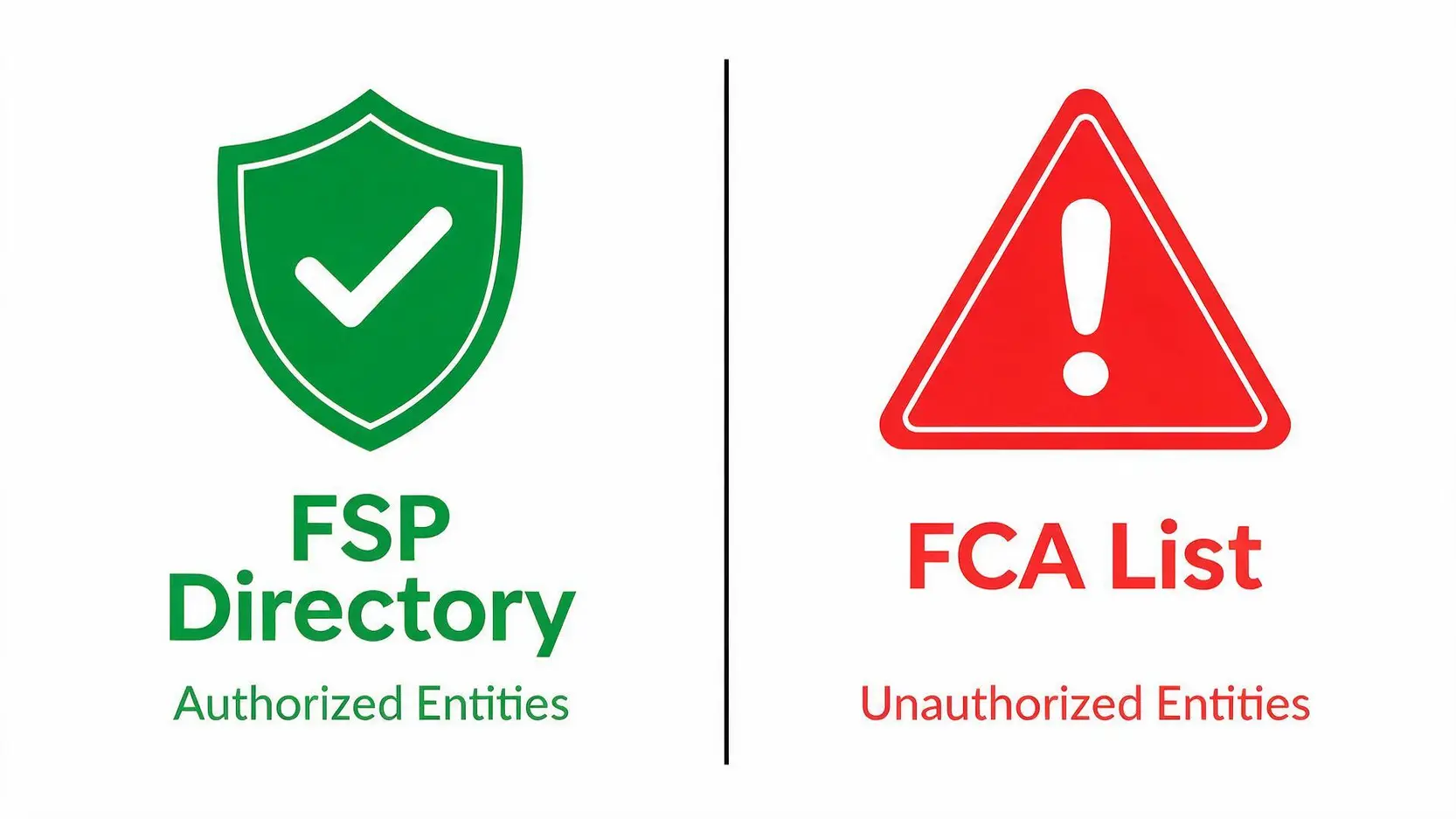 Comparison of BNM's FSP Directory (authorized) and FCA List (unauthorized) for broker verification.