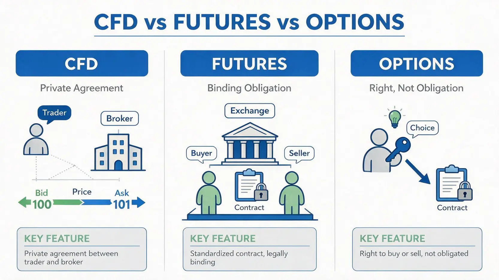 Conceptual diagram comparing CFD, Futures, and Options contracts.