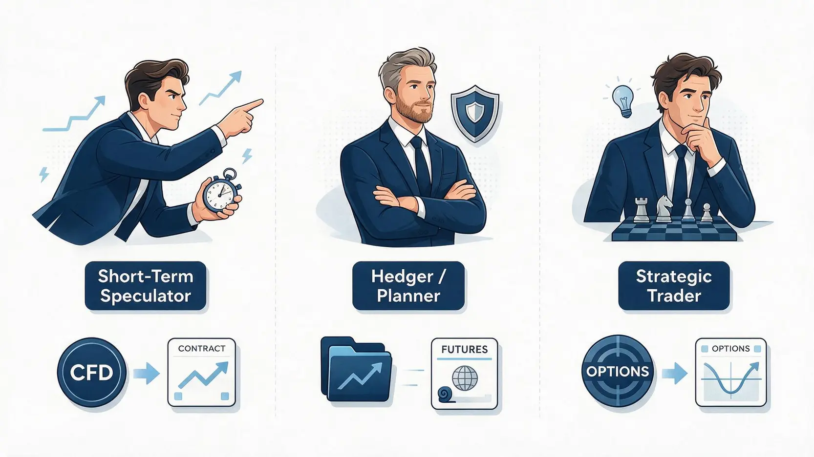 Illustration matching trader types to financial instruments: Speculator with CFDs, Hedger with Futures, and Strategist with Options.