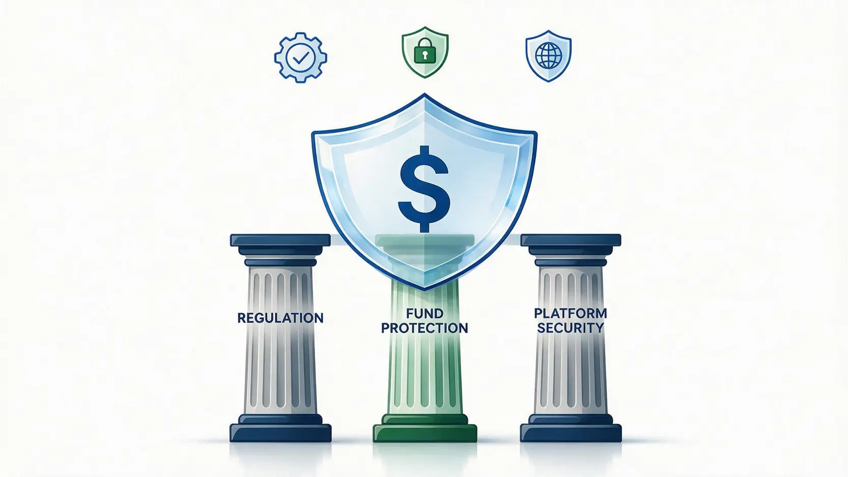 Illustration of three pillars labeled Regulation, Fund Protection, and Platform Security, supporting a shield to represent a safe trading platform.