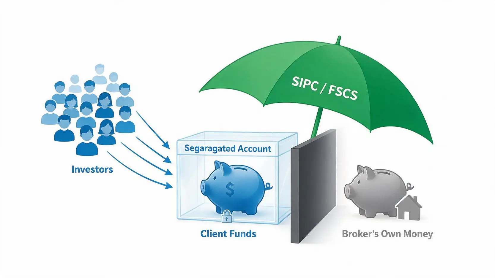 Diagram showing how client funds are held in a segregated account, separate from the broker's money, and protected by an investor compensation scheme like SIPC.