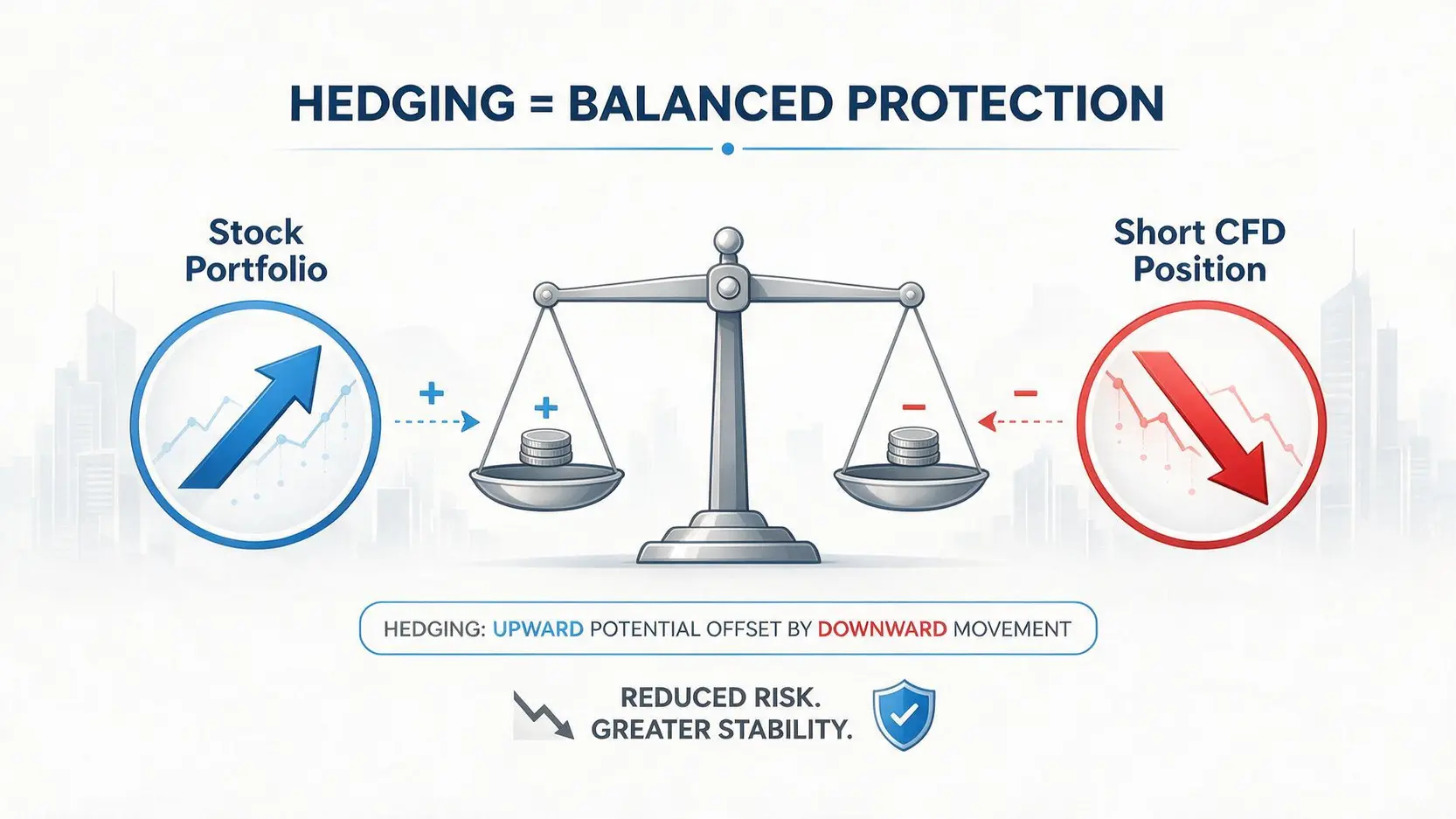 Conceptual diagram of hedging, showing a balanced scale with a 'Stock Portfolio' on one side and an offsetting 'Short CFD Position' on the other.