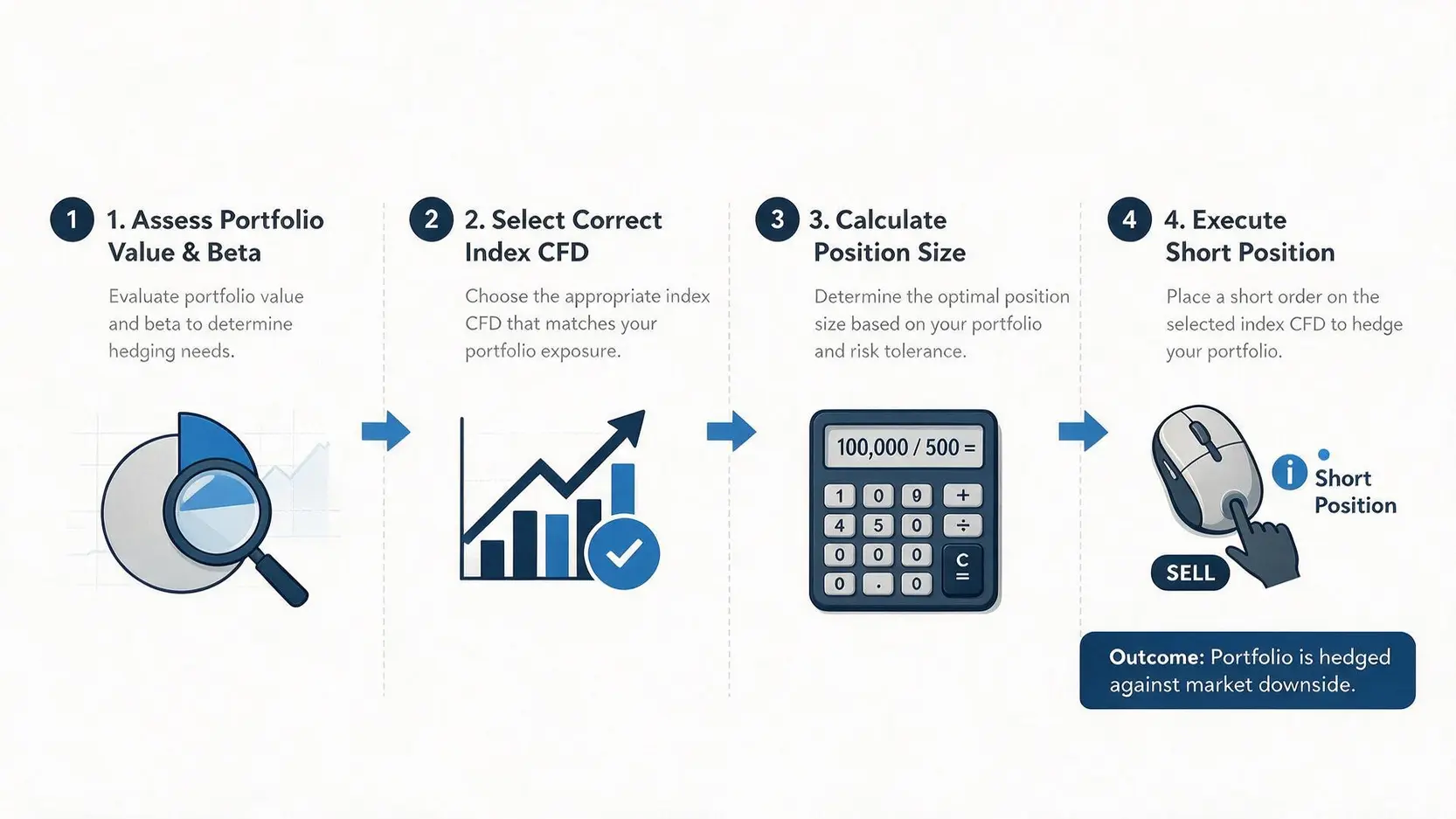A flowchart showing the 4 steps to hedge with CFDs: Assess portfolio, Select index, Calculate size, and Execute short position.