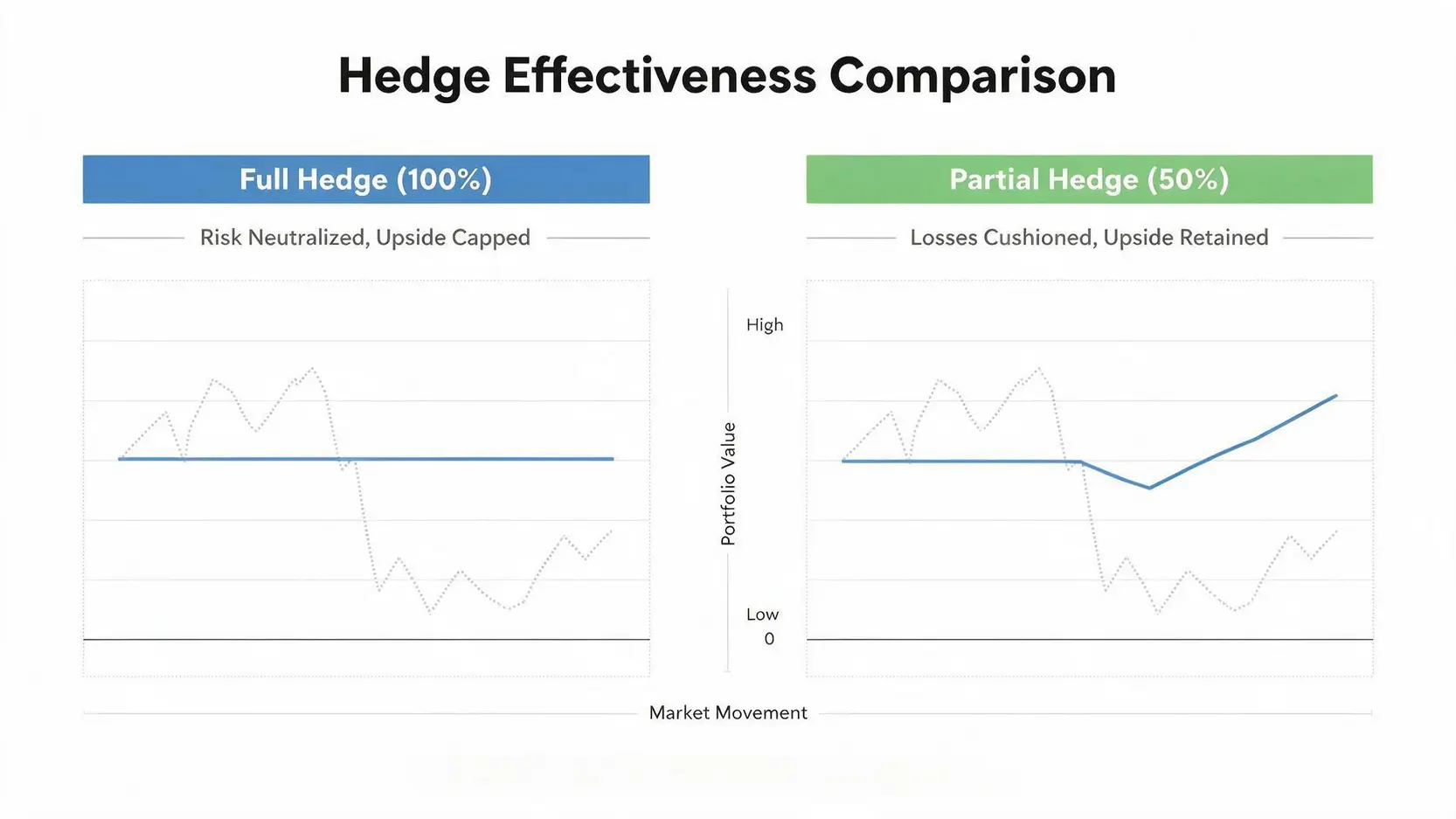 A comparison diagram showing a full hedge (no loss, no gain) versus a partial hedge (some loss, some upside potential).