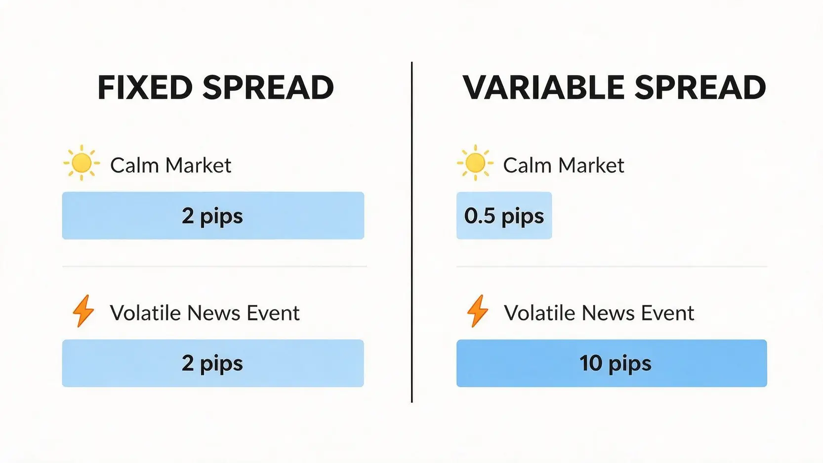 Comparison diagram showing the behavior of fixed spreads versus variable spreads in calm and volatile market conditions.