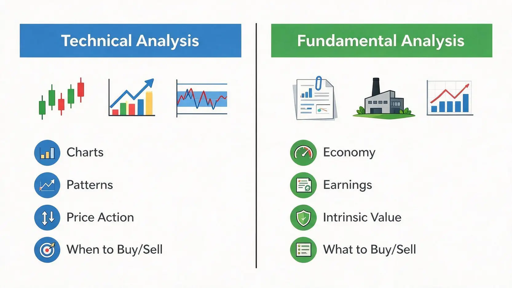 Comparison diagram illustrating the key differences between Technical Analysis, focusing on charts, and Fundamental Analysis, focusing on economic data.