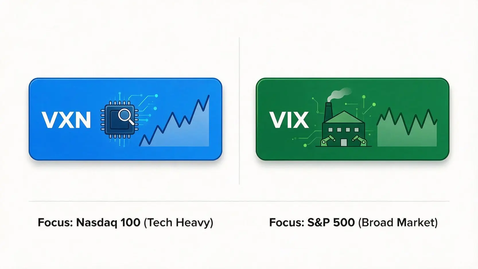 Comparison diagram showing the difference between VXN, which tracks Nasdaq 100 tech volatility, and VIX, which tracks S&P 500 broad market volatility.