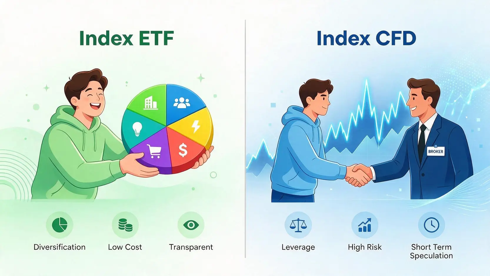 Conceptual illustration comparing an Index ETF, shown as owning a piece of a market pie, versus an Index CFD, shown as a contract with a broker on price movement.
