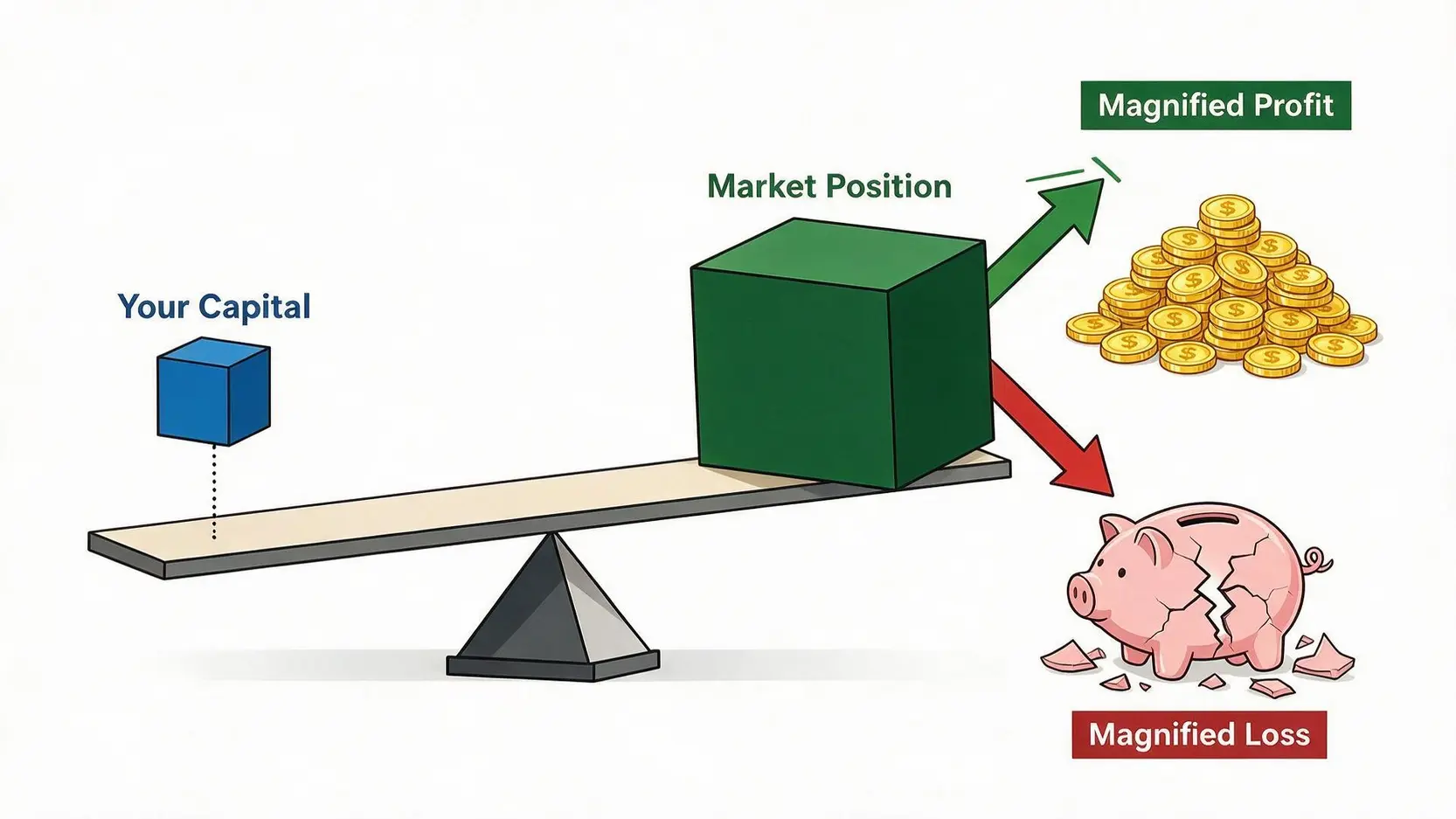 Illustration of financial leverage showing how a small amount of capital can lead to magnified profits or magnified losses.