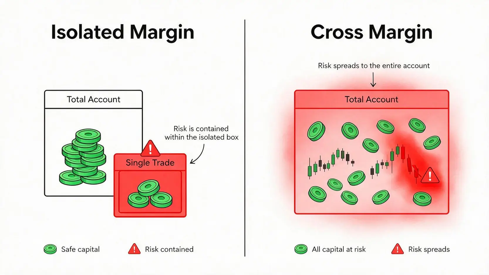Diagram comparing Isolated Margin, which contains risk to a single trade, and Cross Margin, which shares risk across the entire account.