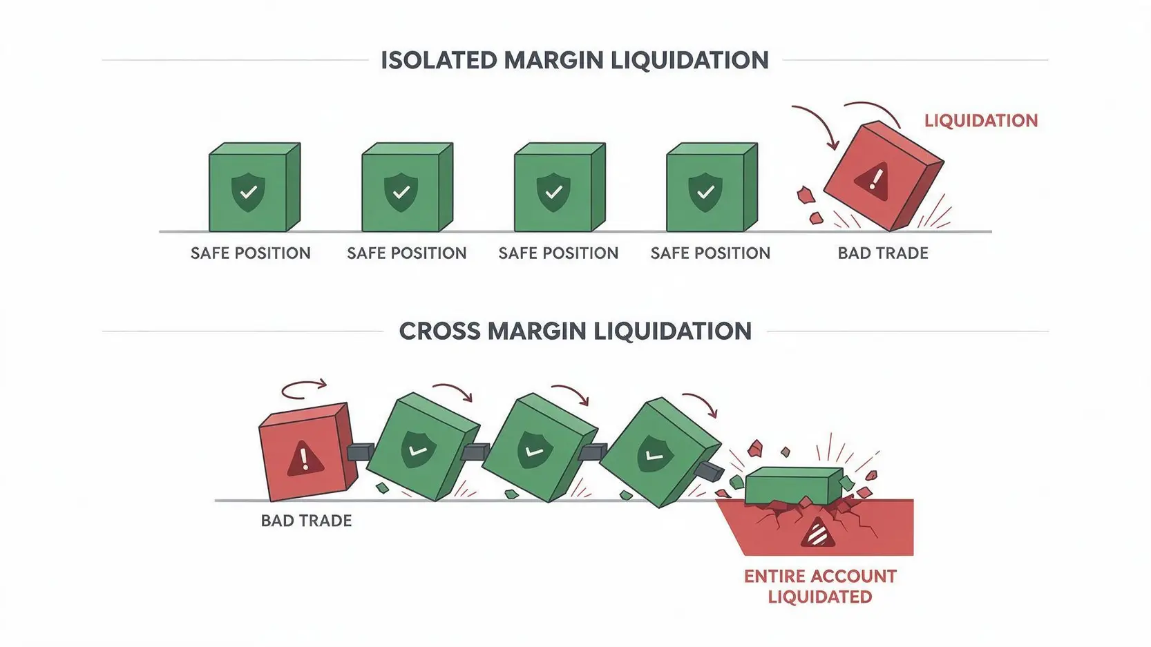Illustration showing the difference in liquidation: isolated margin closes one trade, cross margin can liquidate the entire account.