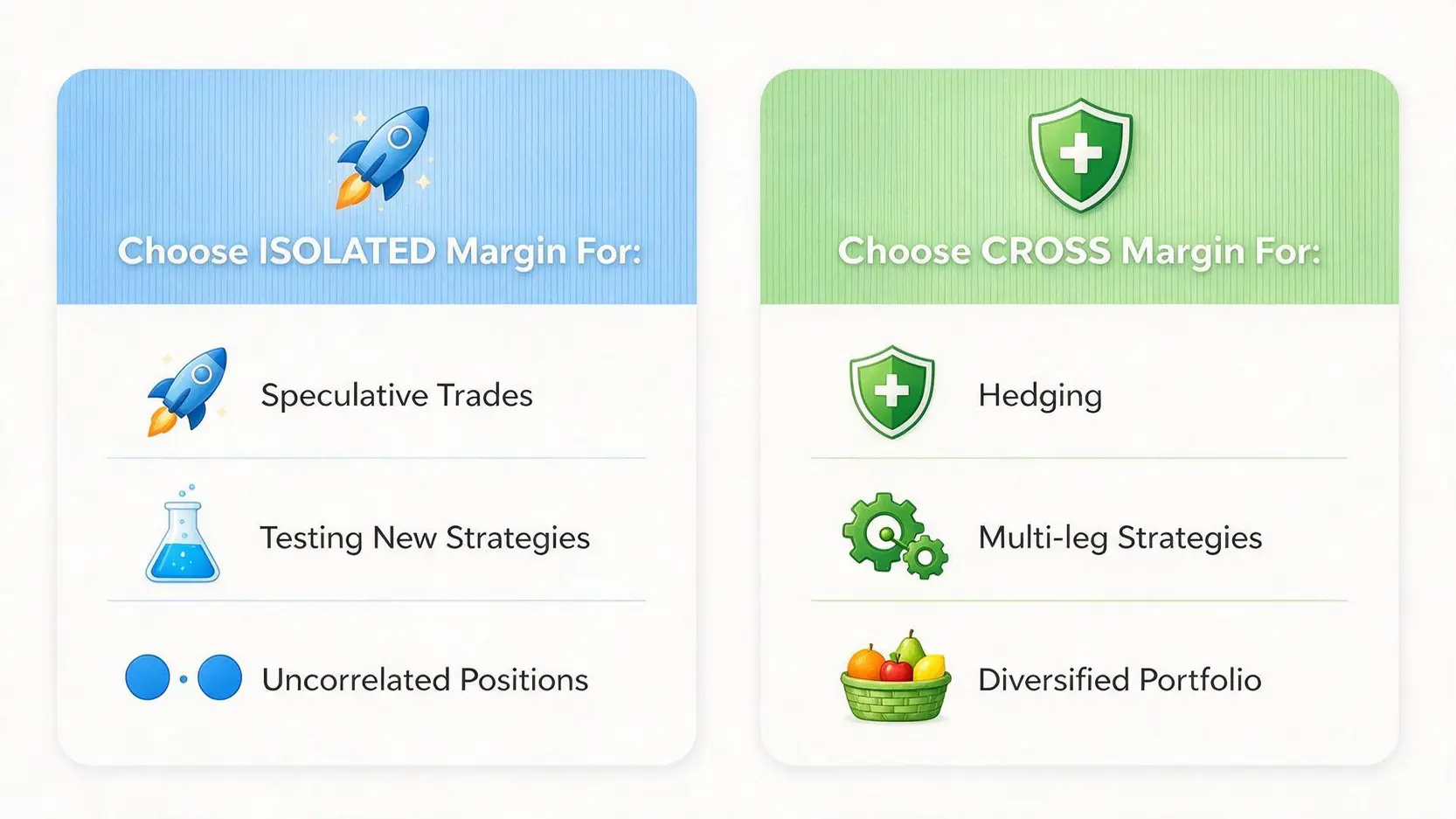 Infographic showing when to use Isolated Margin (for speculative trades, testing) versus Cross Margin (for hedging, diversified portfolios).