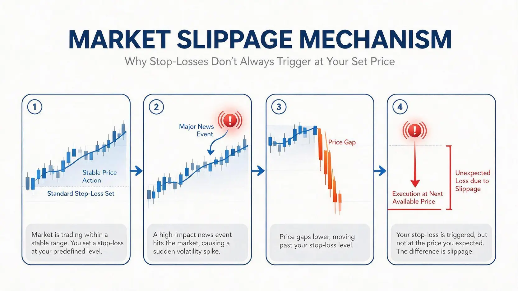 Illustration showing how a news event can cause a price gap, leading to slippage on a standard stop loss order.