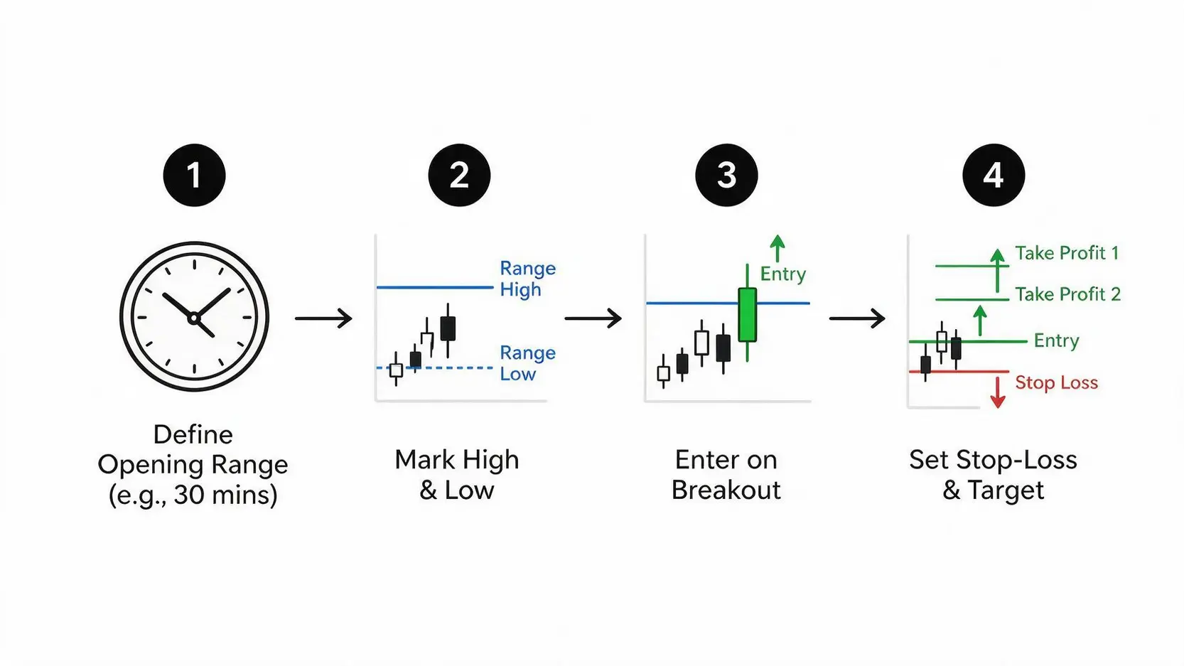 Flowchart of the Opening Range Breakout (ORB) trading strategy, showing the 4 steps from defining the range to entering a trade.