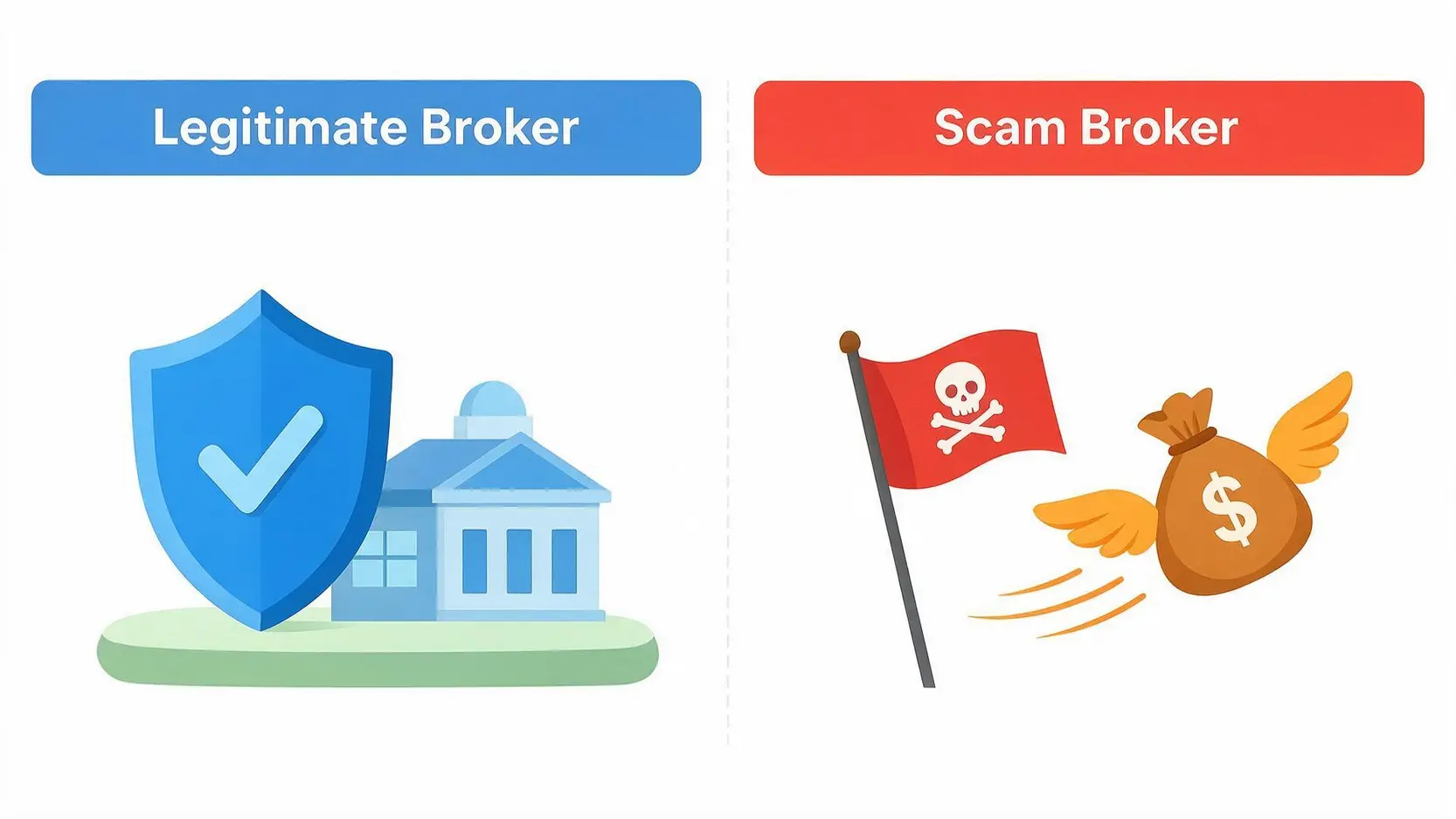 Diagram comparing a legitimate broker with a shield icon versus a scam broker with a pirate flag icon.