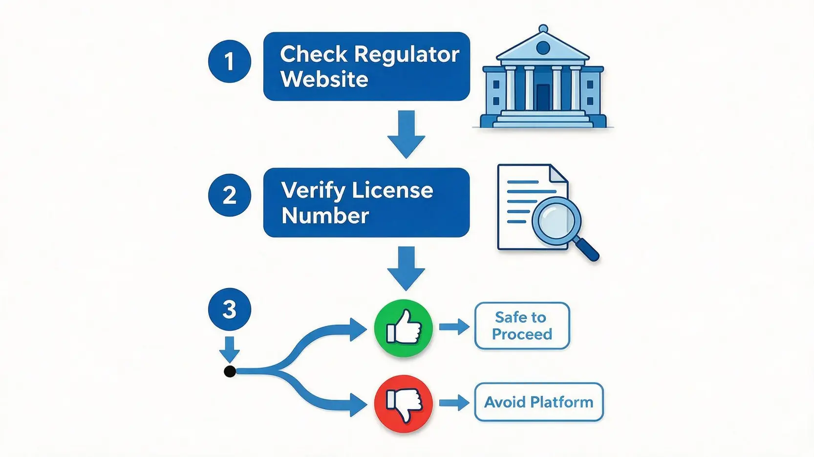 A 3-step flowchart for verifying a trading platform: check regulator, verify license, and decide to proceed or avoid.