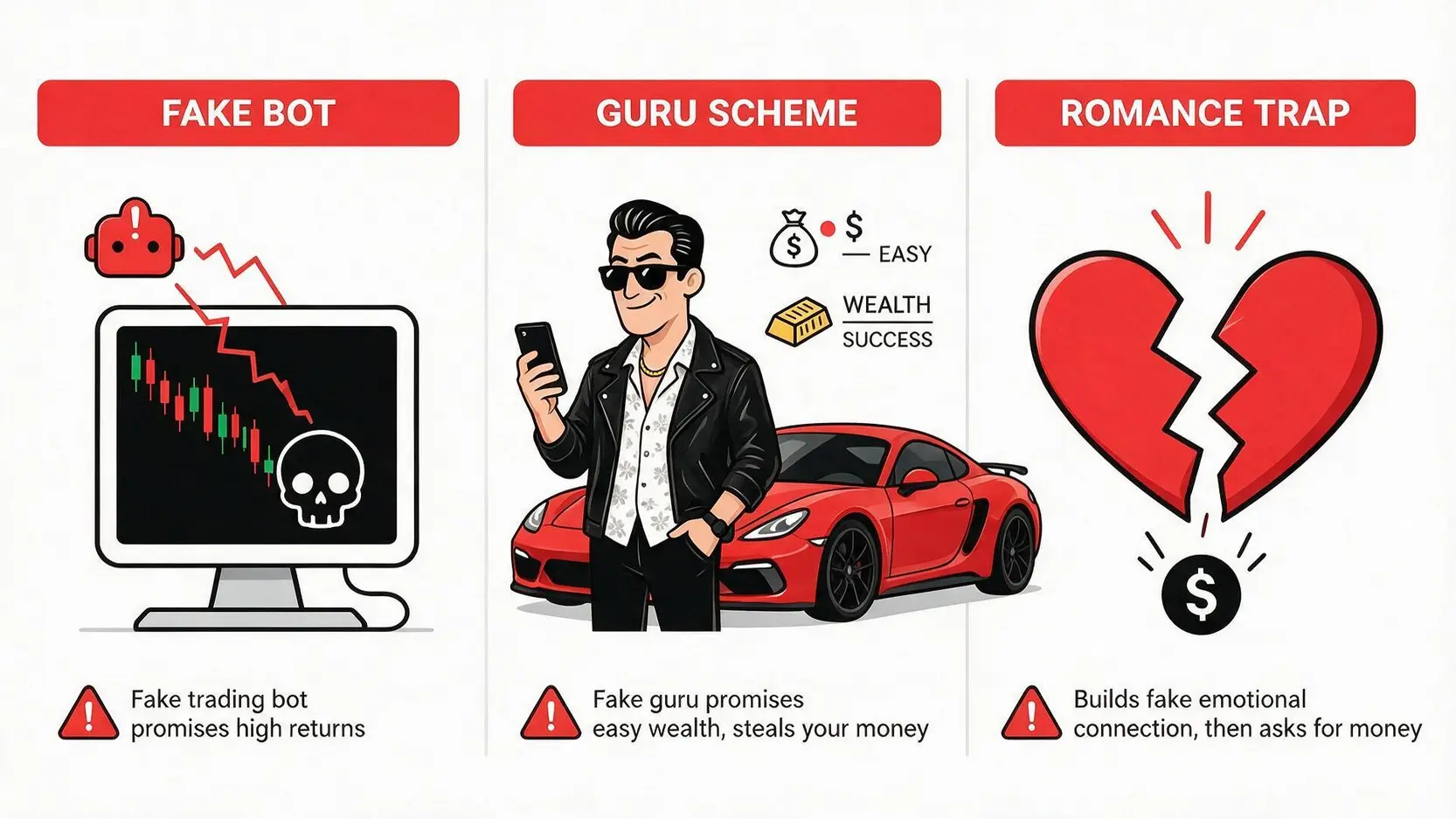 Illustrations of three common trading scams: fake bots, social media gurus, and romance traps.