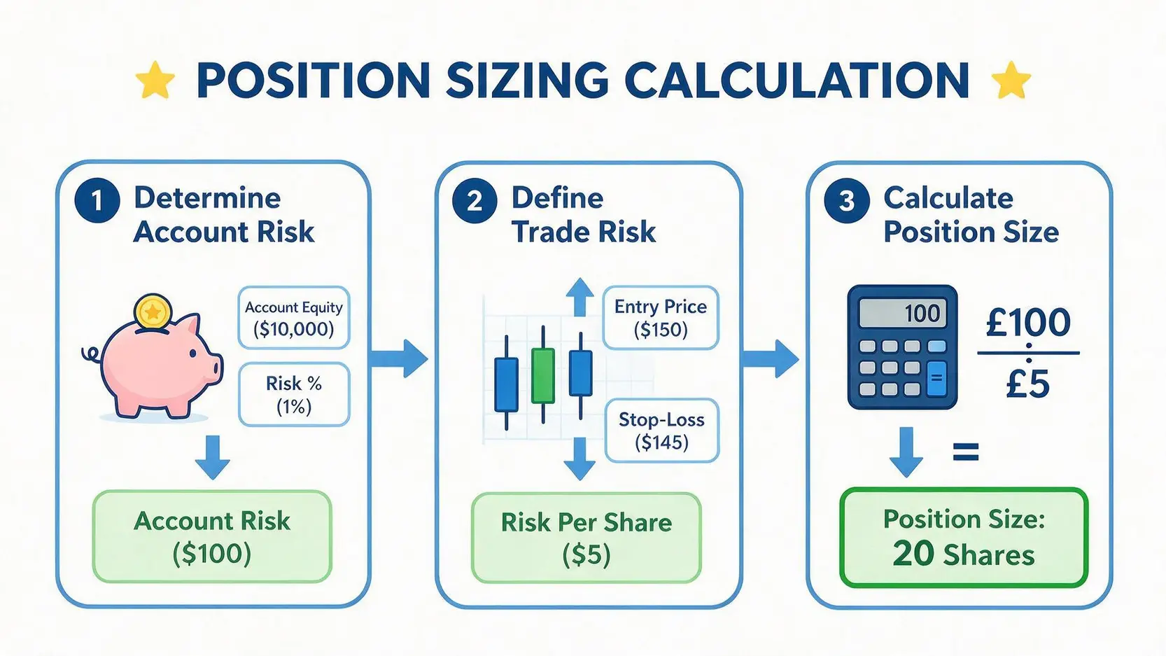 Flowchart showing the 3-step position sizing calculation: determine account risk, define trade risk, and calculate final position size.