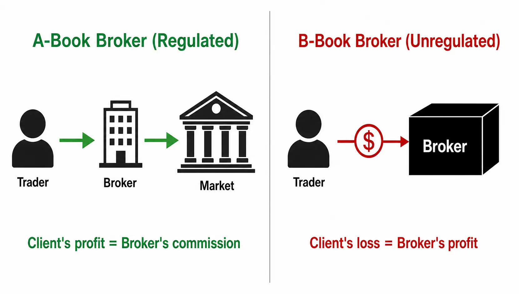 Diagram comparing A-Book and B-Book broker models. A-Book shows trades going to market, B-Book shows broker profiting from client loss.