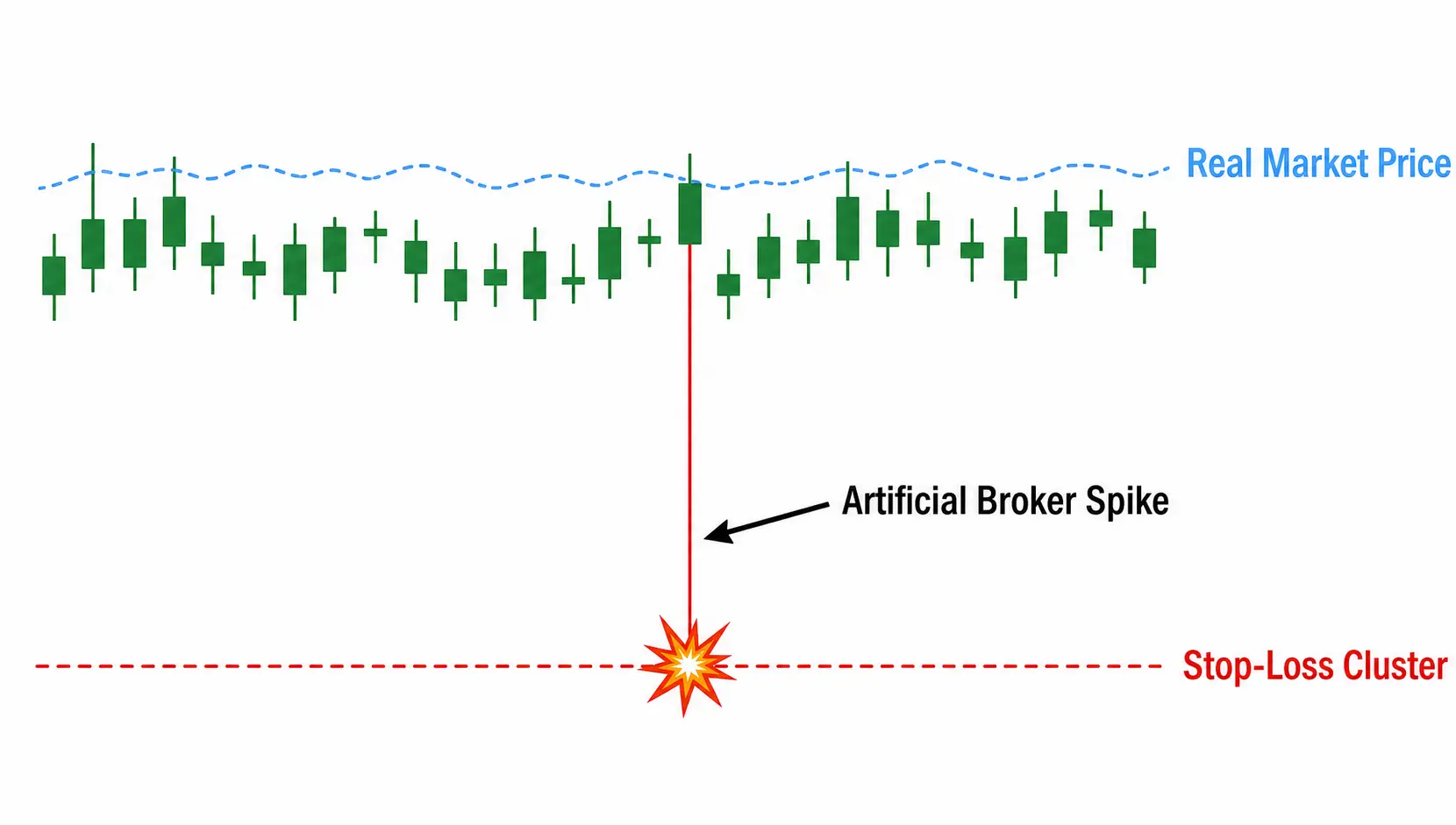 Illustration of stop-loss hunting showing an artificial price spike on a broker's chart to trigger stop orders.