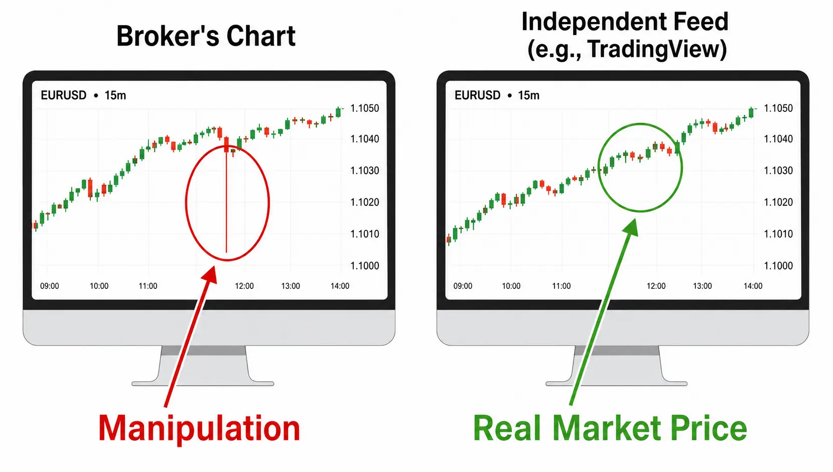 Comparison of a manipulated broker chart with an anomalous spike versus a clean independent data feed from TradingView.