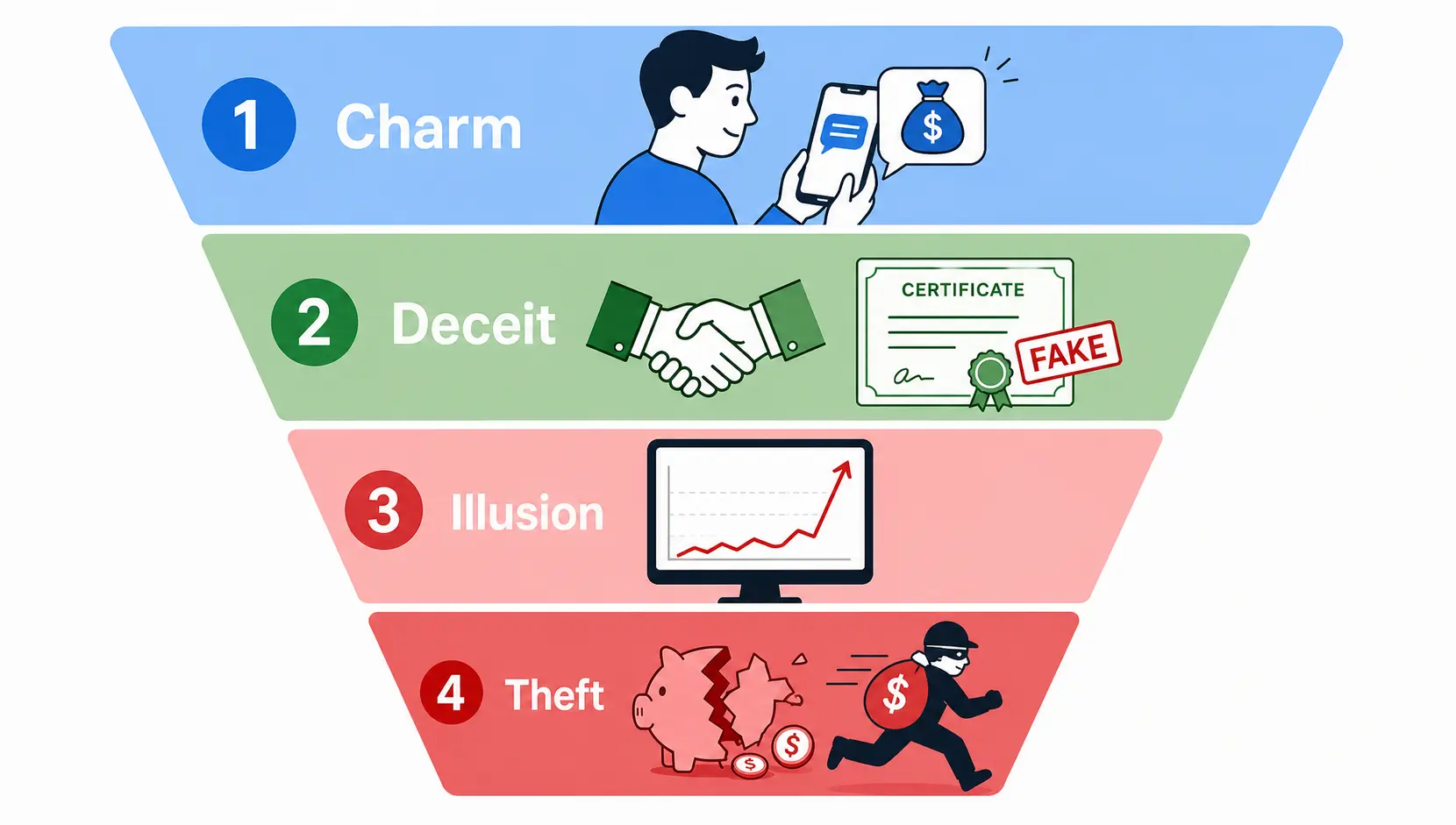 A four-stage funnel diagram illustrating the process of a fake account manager scam: Charm, Deceit, Illusion, and Theft.
