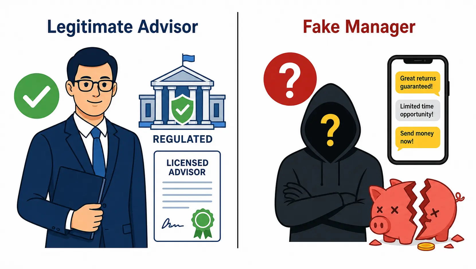 A comparison diagram showing the traits of a legitimate advisor (regulated, transparent) versus a fake account manager (unregulated, promises high returns).